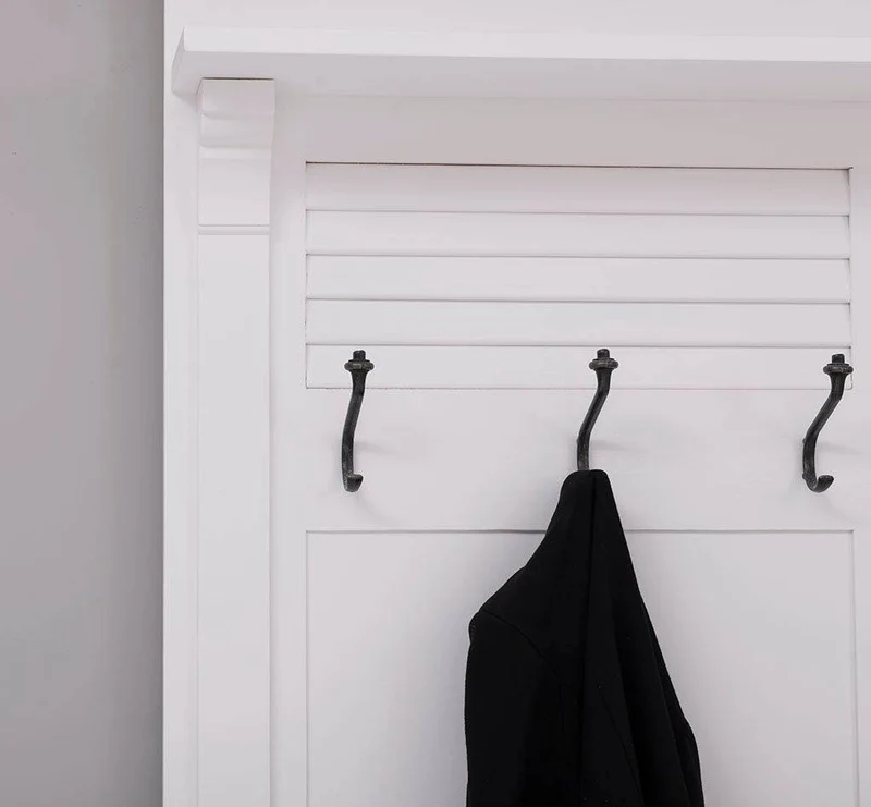 Garderobe aus Massivholz mit Sitzfläche | 6 Haken, Schuhschrank, Lamellentüren