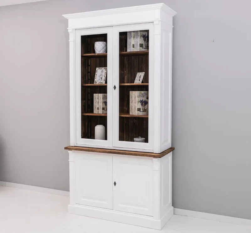 Landhaus Bücherschrank aus Massivholz | 4-türige Vitrine