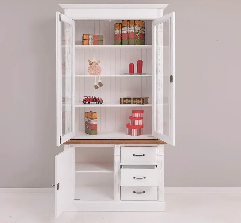 Vintage Vitrine aus Massivholz mit Ornamenten - Deckplatte Eiche