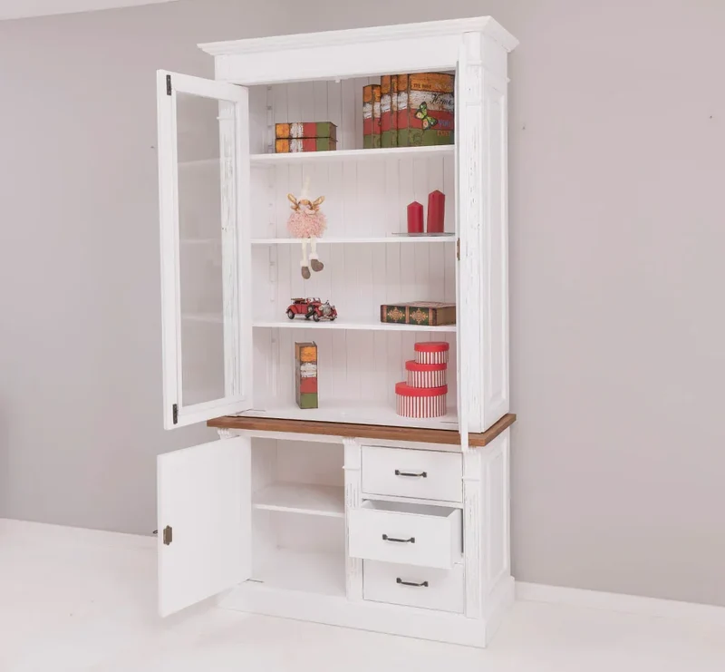 Vintage Vitrine aus Massivholz mit Ornamenten - Deckplatte Eiche