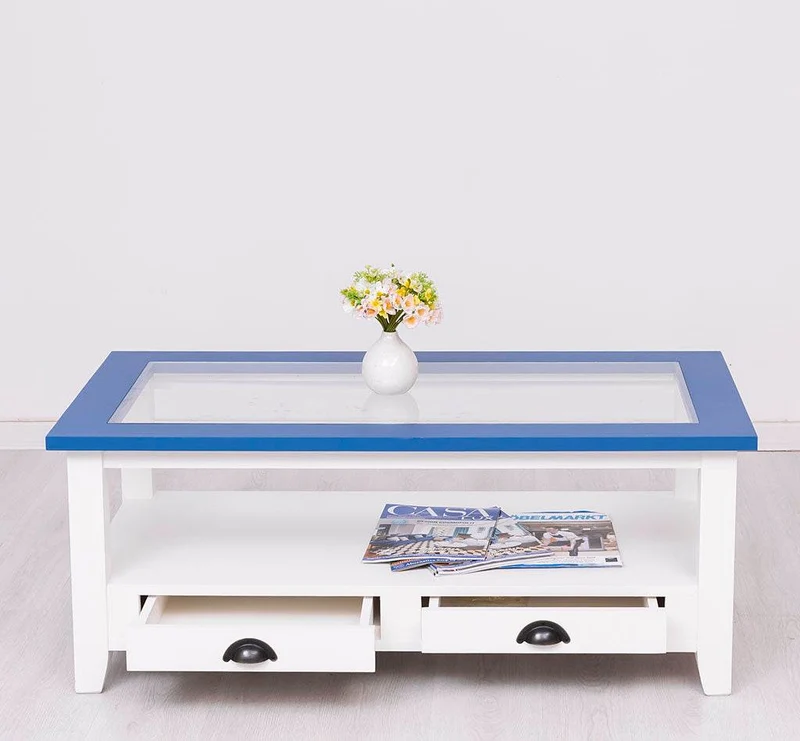 Glas-Couchtisch aus Massivholz mit zwei Schubladen