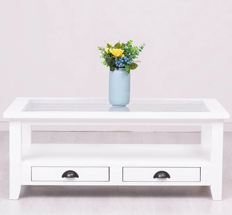 Glas-Couchtisch aus Massivholz mit zwei Schubladen