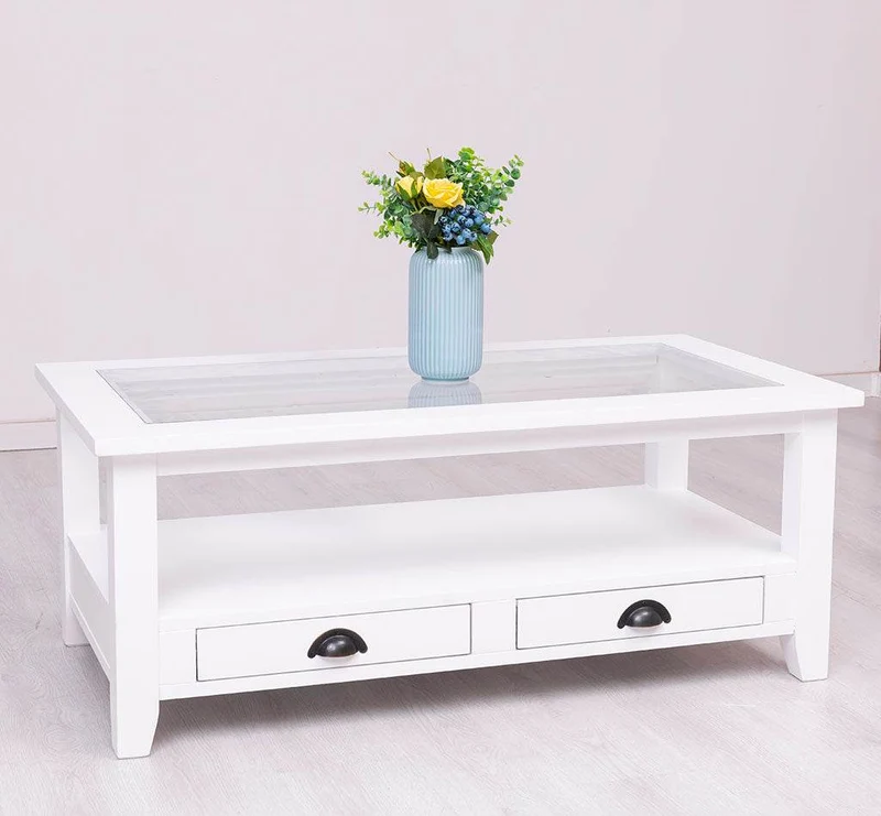 Glas-Couchtisch aus Massivholz mit zwei Schubladen