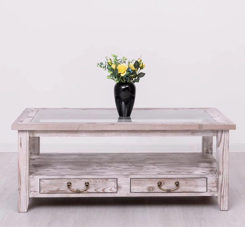 Glas-Couchtisch aus Massivholz mit zwei Schubladen
