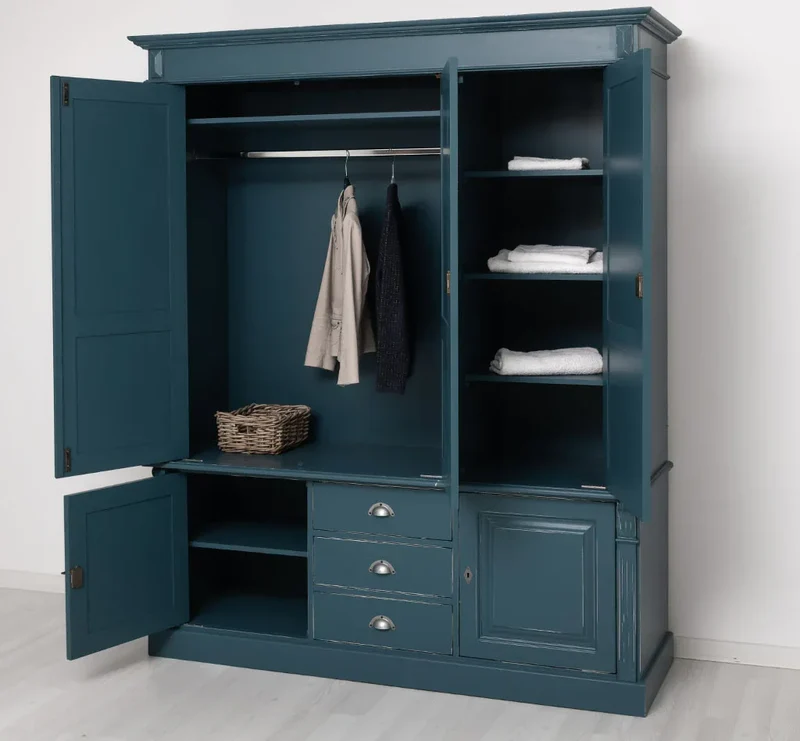 Fünftüriger Kleiderschrank aus Massivholz im Landhausstil mit drei Schubladen
