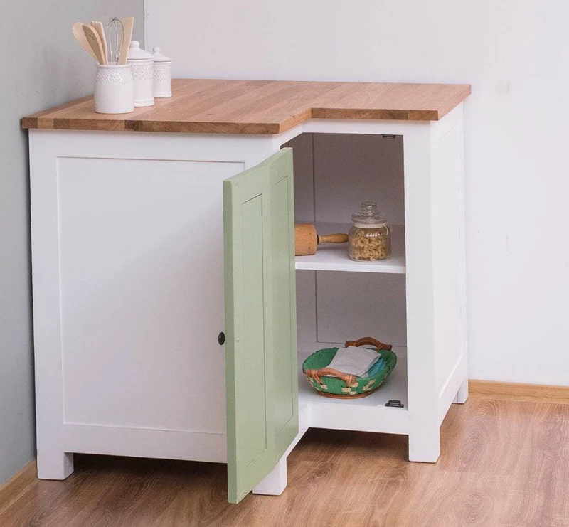 Kücheneckschrank mit Eichenarbeitsplatte - Eckrondell für Pfannen und Töpfe - Eckschrank