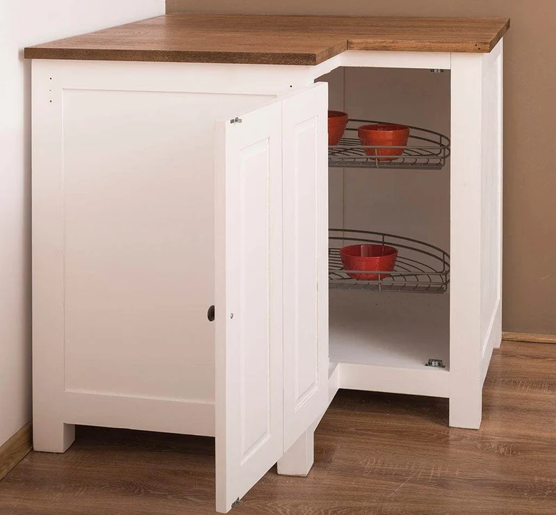 Kücheneckschrank mit Eichenarbeitsplatte - Eckrondell für Pfannen und Töpfe - Eckschrank