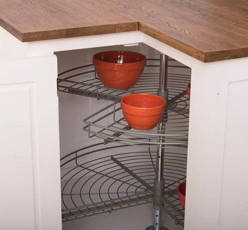 Kücheneckschrank mit Eichenarbeitsplatte - Eckrondell für Pfannen und Töpfe - Eckschrank