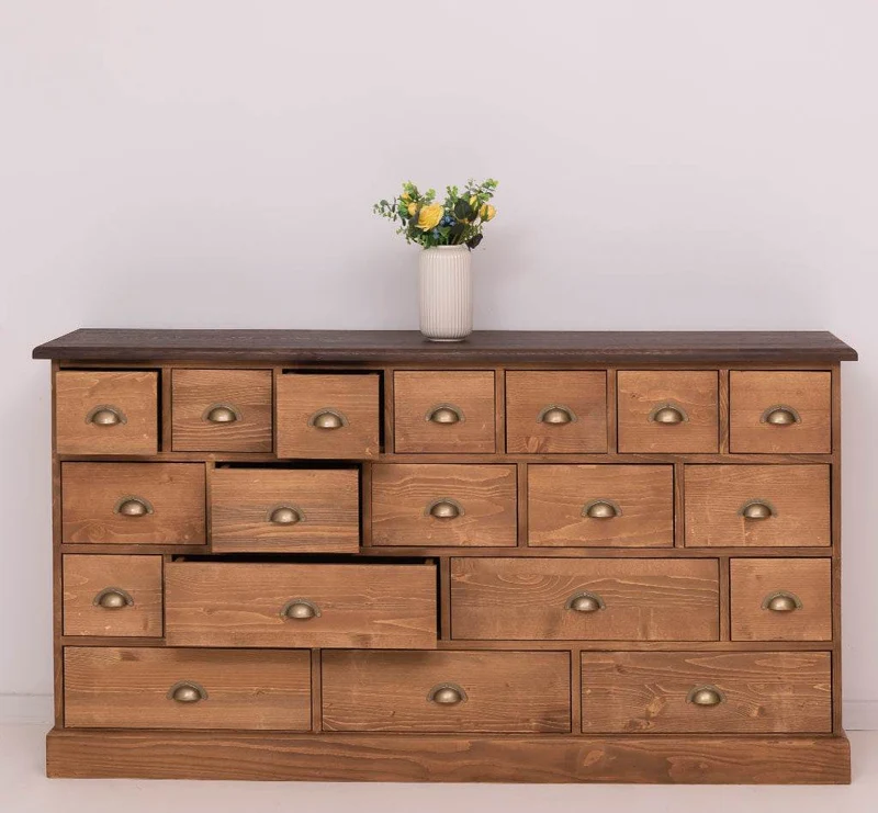 Apothekerschrank aus Massivholz im Landhausstil mit 19 Schubladen mit Eichentop