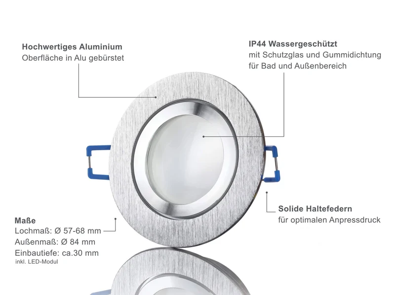 LED Einbaustrahler Flach IP44 - Alu gebürstet Rund 5W Dimmbar 120° - Banja