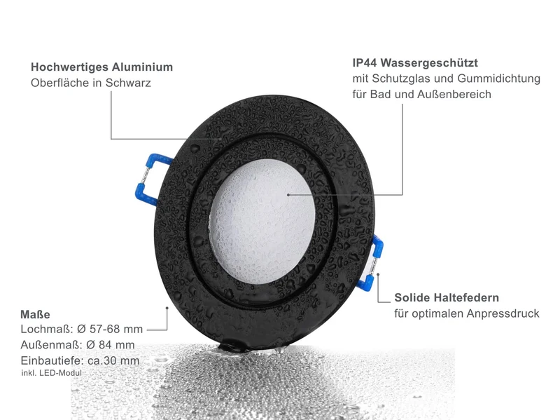 LED Einbaustrahler Flach IP44 - Schwarz Rund 5W Dimmbar 120° - Agua