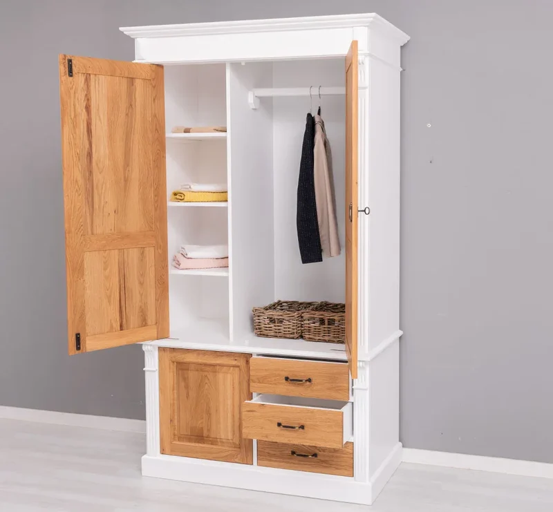 Schmaler Kleiderschrank aus Massivholz mit drei Schubladen