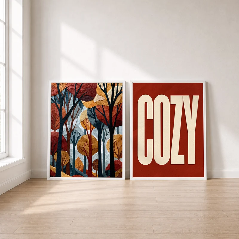 Cozy Poster Set – Herbstwald & Schriftzug (2er)