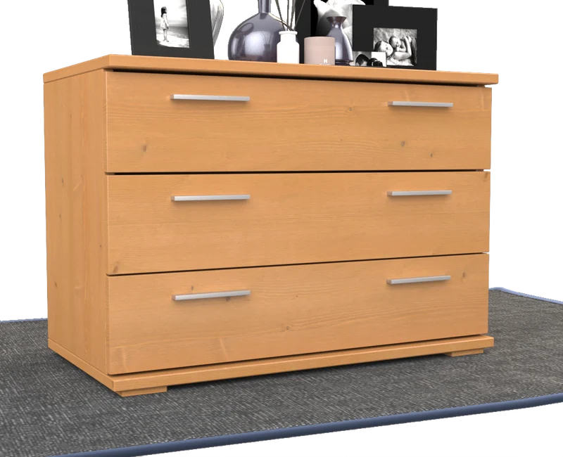 Nobis Kommode Massivholz für Wohnzimmer | Sideboard mit 3 großen Schubladen | 57cm hoch aus 100% Bio Kiefer Massivholz