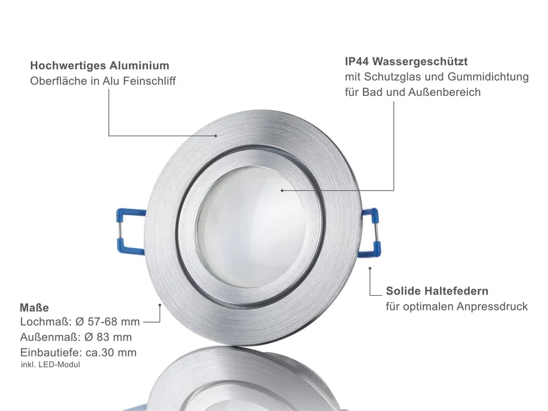 LED Einbaustrahler Flach IP44 - Alu Feinschliff Rund 5W Dimmbar 120° - Agua