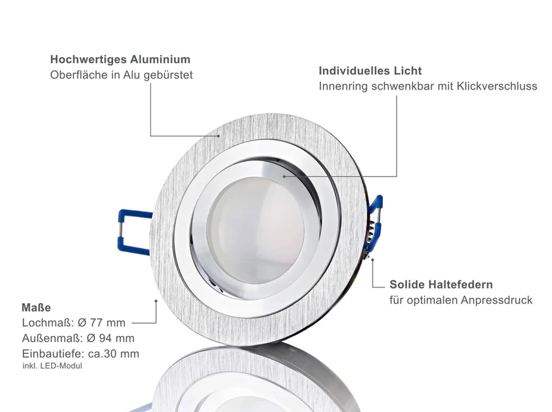 LED Einbaustrahler Flach - Alu gebürstet Rund 5W Dimmbar 120° - Designo
