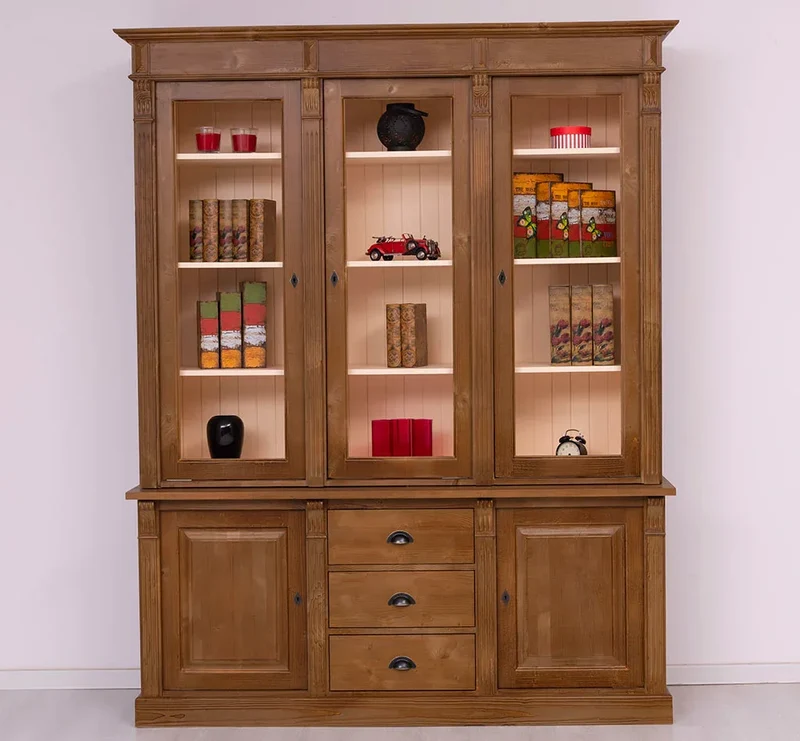 Landhaus Schrankwand aus Massivholz mit Glastüren und variabler Aufteilung - Vitrine