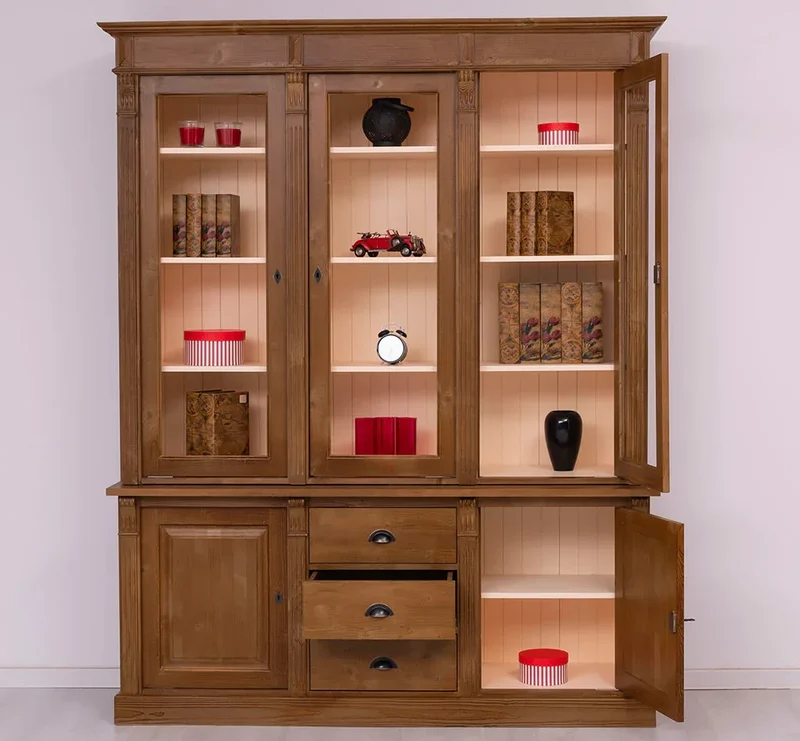 Landhaus Schrankwand aus Massivholz mit Glastüren und variabler Aufteilung - Vitrine