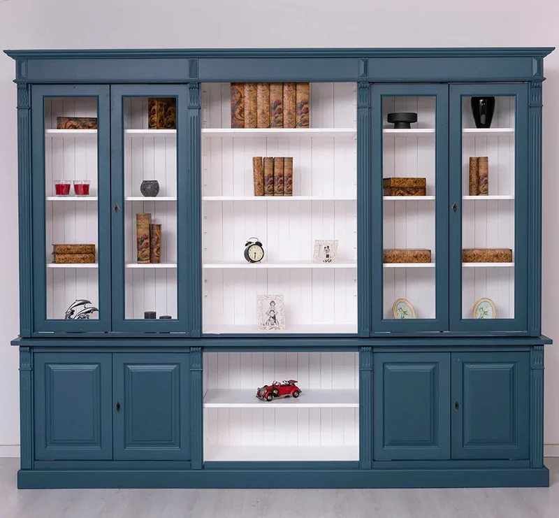 Landhaus Wohnwand aus Massivholz | Vitrinen & Bibliotheksschrank | Bücherschrank mit 8 Türen