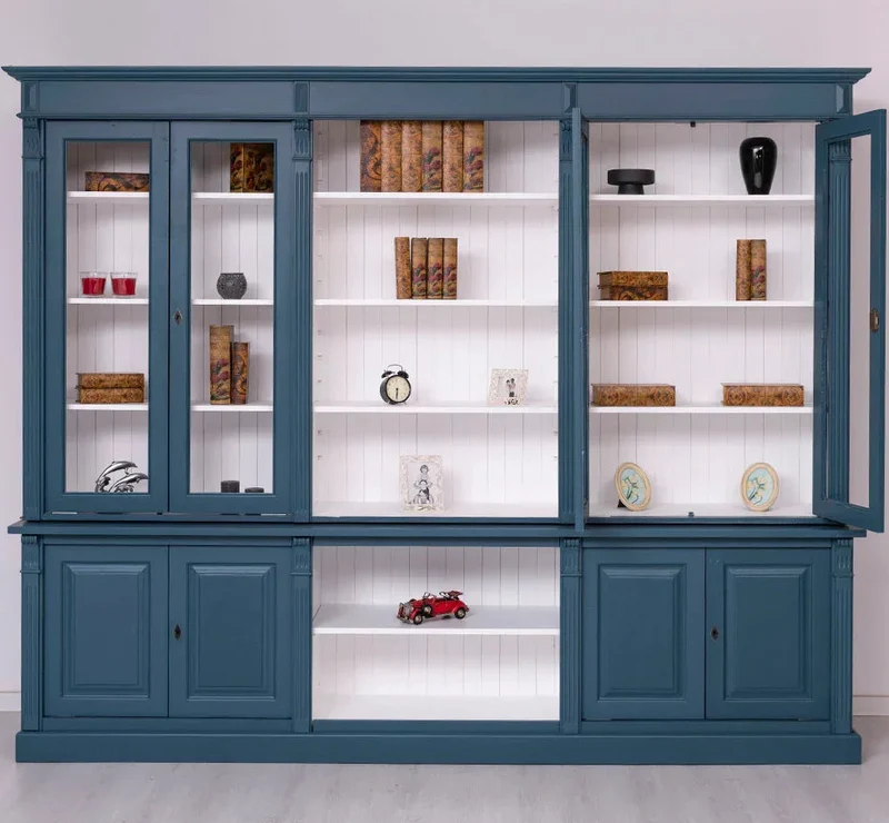 Landhaus Wohnwand aus Massivholz | Vitrinen & Bibliotheksschrank | Bücherschrank mit 8 Türen