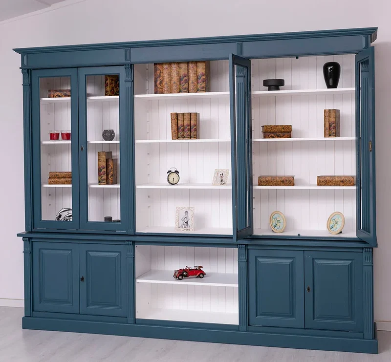 Landhaus Wohnwand aus Massivholz | Vitrinen & Bibliotheksschrank | Bücherschrank mit 8 Türen