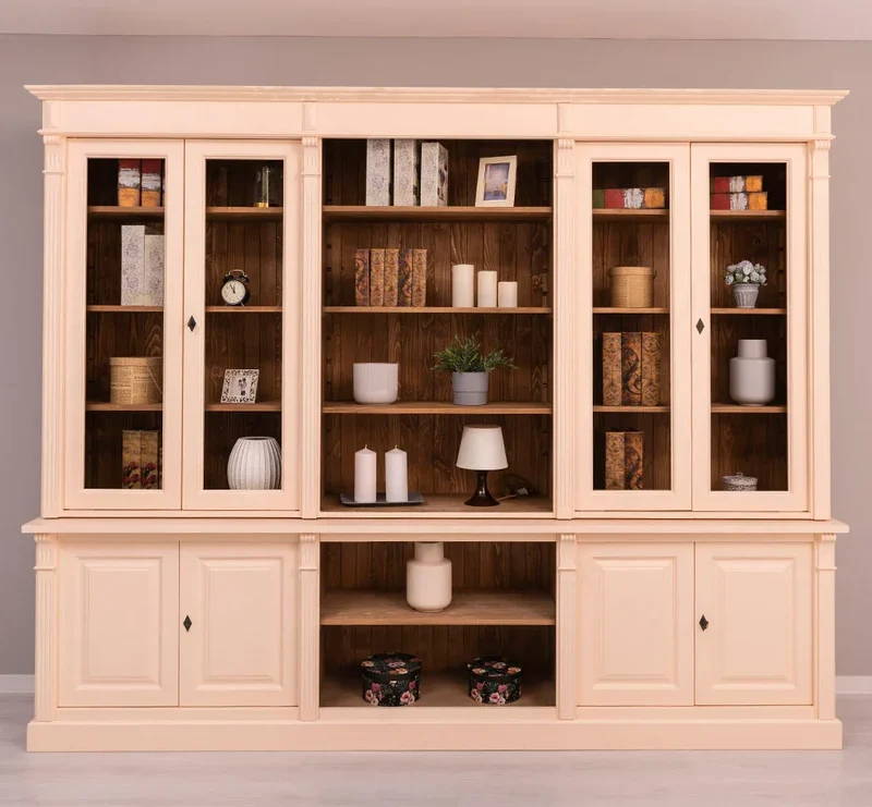 Landhaus Wohnwand aus Massivholz | Vitrinen & Bibliotheksschrank | Bücherschrank mit 8 Türen