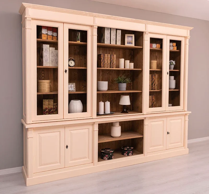 Landhaus Wohnwand aus Massivholz | Vitrinen & Bibliotheksschrank | Bücherschrank mit 8 Türen