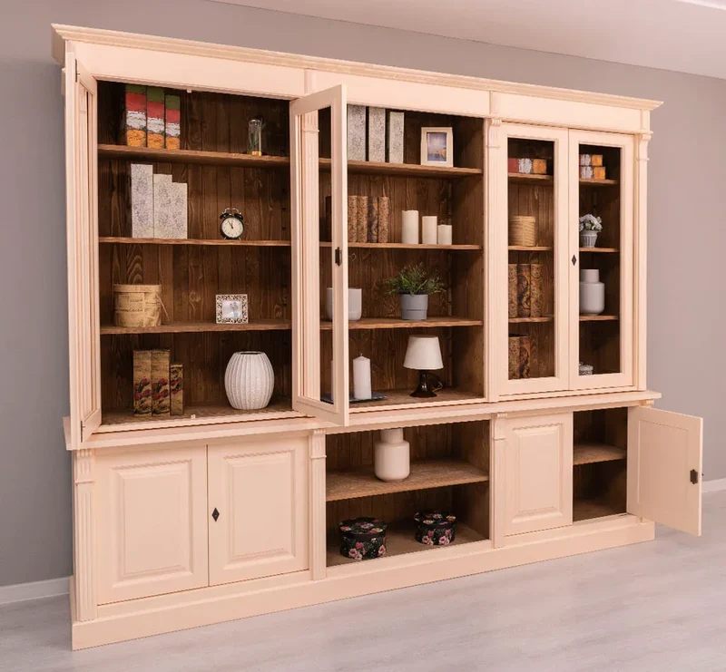 Landhaus Wohnwand aus Massivholz | Vitrinen & Bibliotheksschrank | Bücherschrank mit 8 Türen
