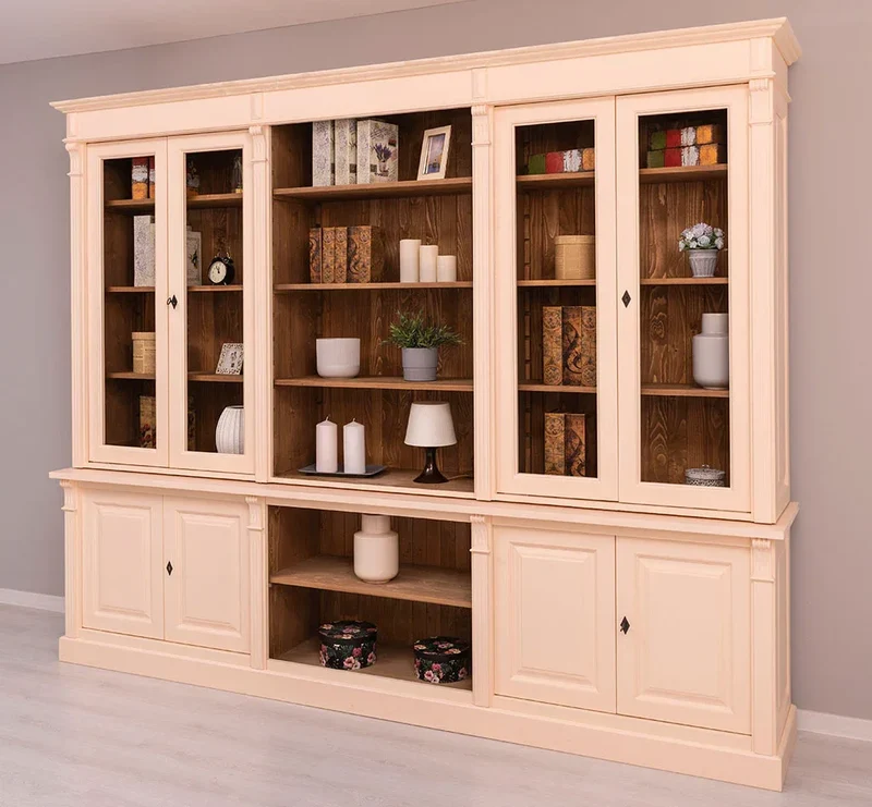 Landhaus Wohnwand aus Massivholz | Vitrinen & Bibliotheksschrank | Bücherschrank mit 8 Türen