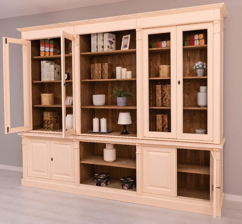 Landhaus Wohnwand aus Massivholz | Vitrinen & Bibliotheksschrank | Bücherschrank mit 8 Türen