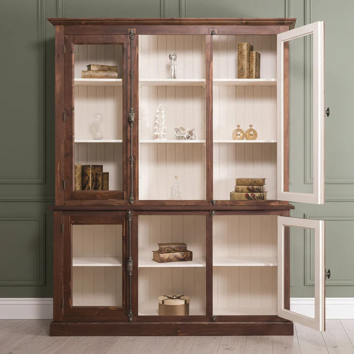 Bücherschrank aus Massivholz im Landhausstil | mit Glastüren und externem Verschluß | Vitrine | 2-teilig