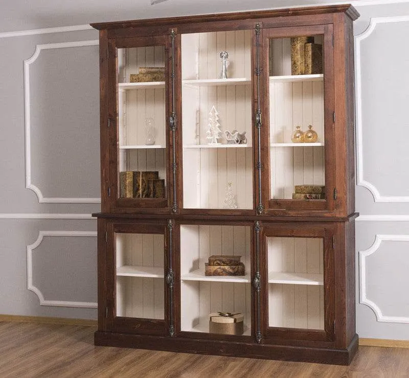 Bücherschrank aus Massivholz im Landhausstil | mit Glastüren und externem Verschluß | Vitrine | 2-teilig