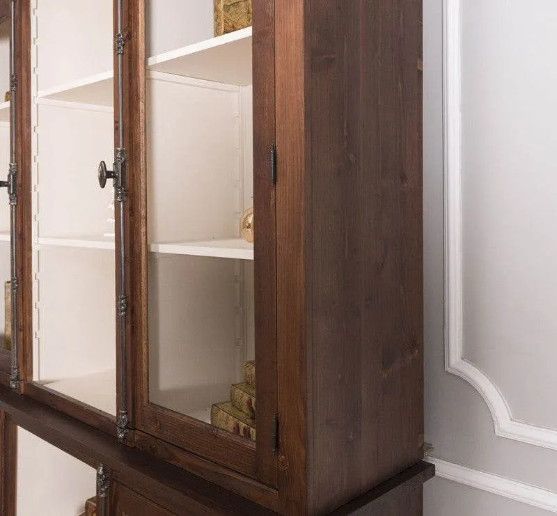 Bücherschrank aus Massivholz im Landhausstil | mit Glastüren und externem Verschluß | Vitrine | 2-teilig