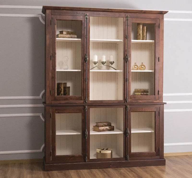 Bücherschrank aus Massivholz im Landhausstil | mit Glastüren und externem Verschluß | Vitrine | 2-teilig