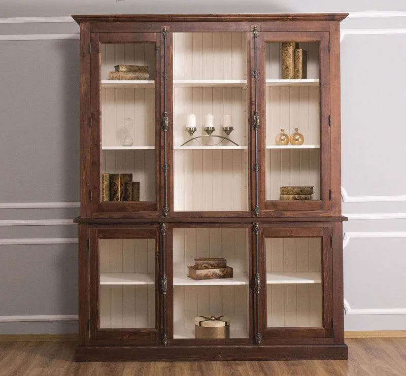 Bücherschrank aus Massivholz im Landhausstil | mit Glastüren und externem Verschluß | Vitrine | 2-teilig