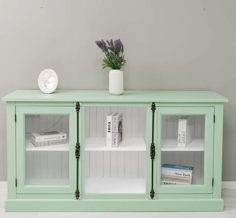 Bücherschrank aus Massivholz im Landhausstil | mit Glastüren und externem Verschluß | Vitrine | 2-teilig