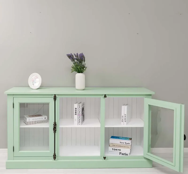 Bücherschrank aus Massivholz im Landhausstil | mit Glastüren und externem Verschluß | Vitrine | 2-teilig