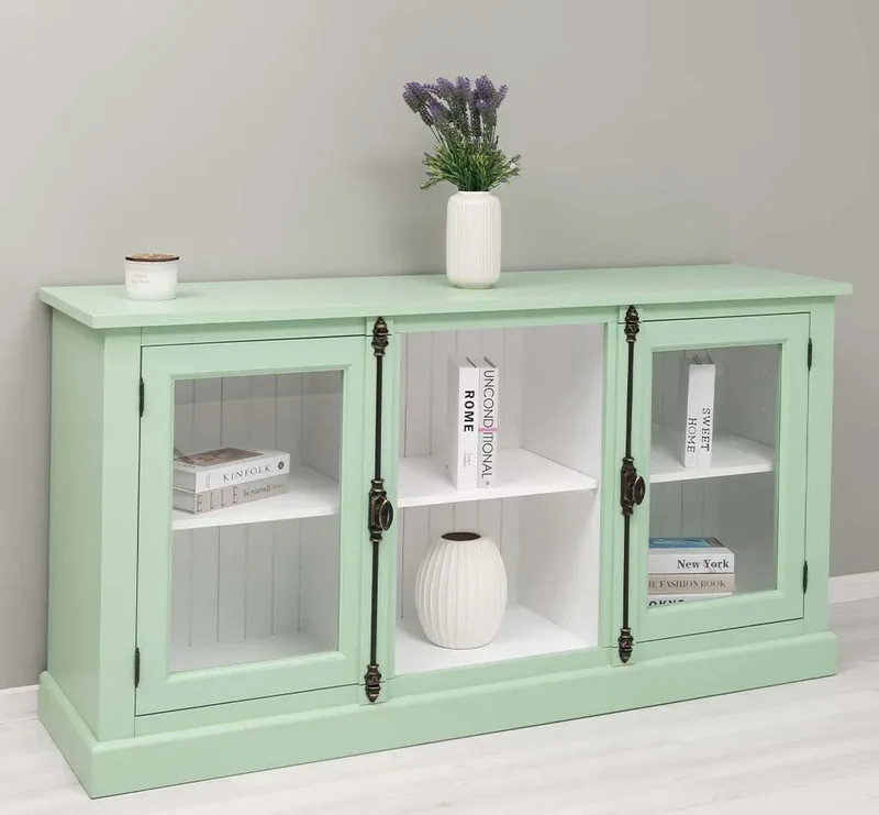 Bücherschrank aus Massivholz im Landhausstil | mit Glastüren und externem Verschluß | Vitrine | 2-teilig