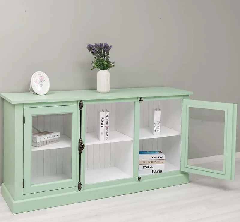 Bücherschrank aus Massivholz im Landhausstil | mit Glastüren und externem Verschluß | Vitrine | 2-teilig