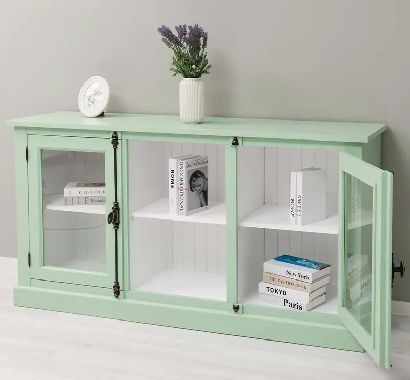 Bücherschrank aus Massivholz im Landhausstil | mit Glastüren und externem Verschluß | Vitrine | 2-teilig
