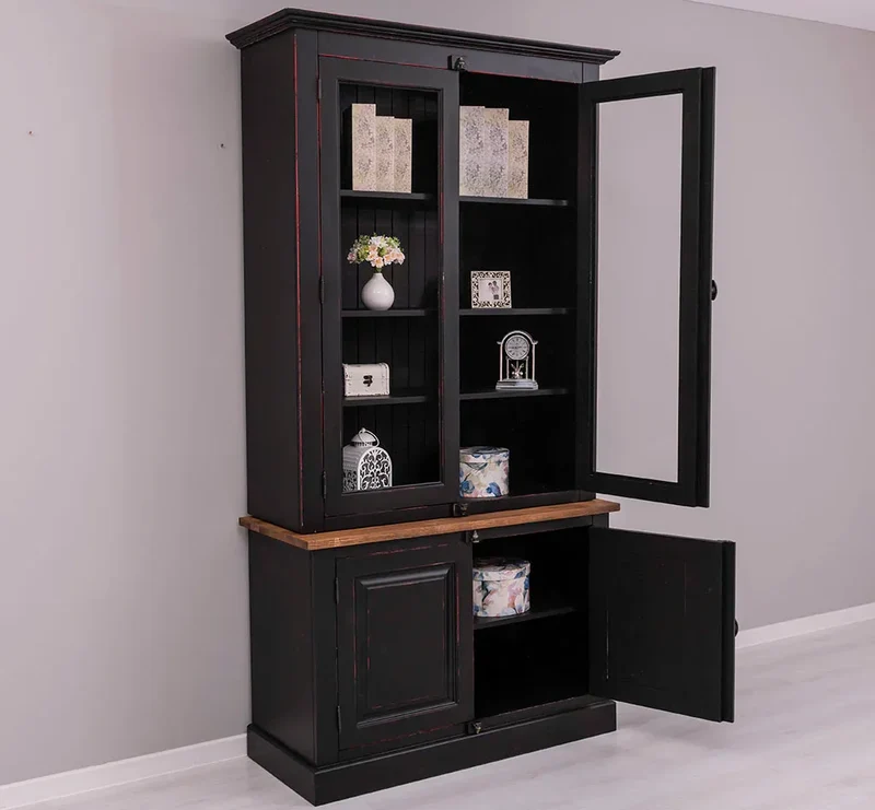 Vintage Bücherschrank aus Massivholz | Vitrine | 2-teilig