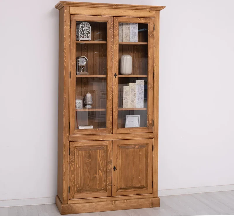 Vitrinenschrank aus Massivholz mit vier Regalböden