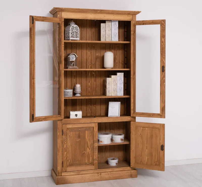 Vitrinenschrank aus Massivholz mit vier Regalböden