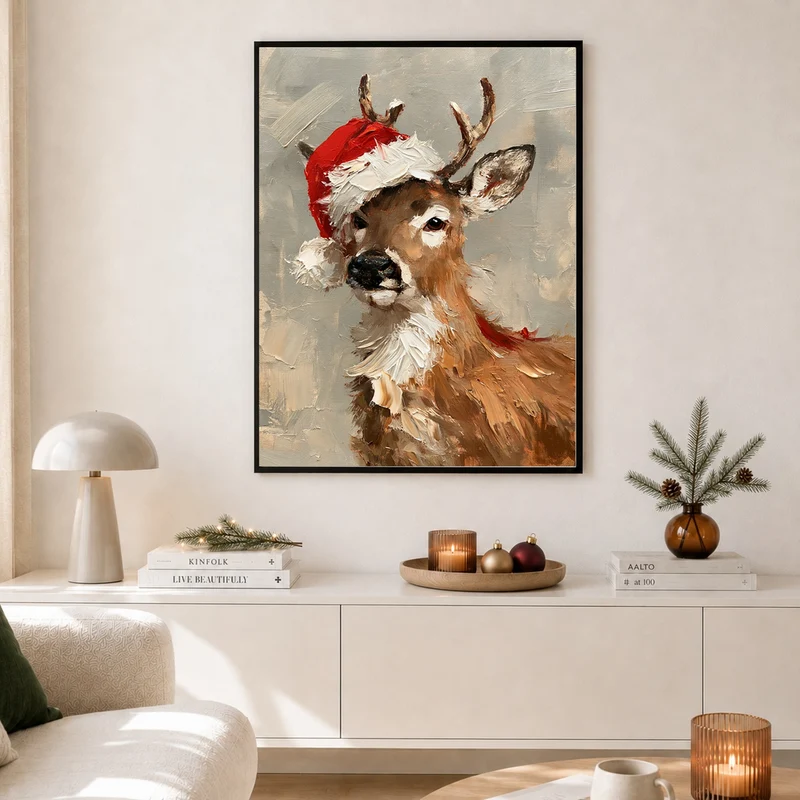 Rentier mit Weihnachtsmütze Poster
