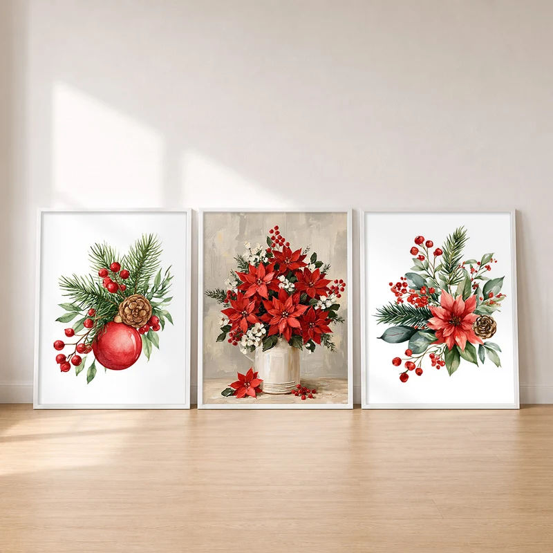 Weihnachtsstern Poster Set – Vintage Botanik (3er)