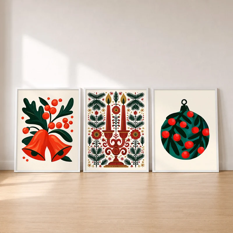 Weihnachtskugeln Poster Set – Glocken & Beeren (3er)