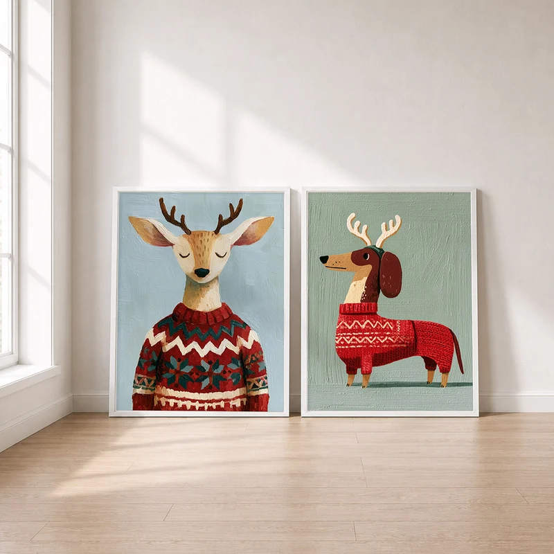 Weihnachtspullover Poster Set – Rentier & Dackel (2er)