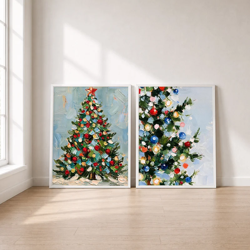 Weihnachtsbaum Poster Set – Ölgemälde & Farben (2er)