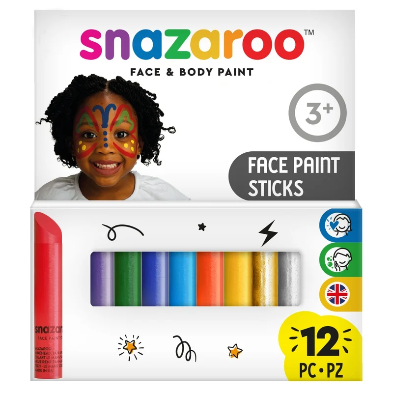 Snazaroo - Face paint sticks x12 - Includes Green, White, Orange and more
