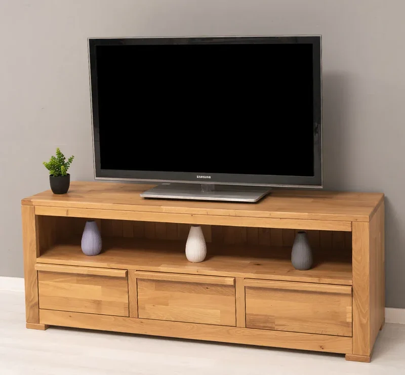 Langes TV-Board aus massiver Eiche mit 3 Schubladen